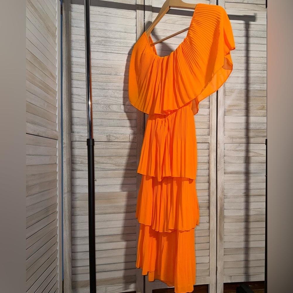 NWOT | Made In Italy | Neon Orange Ruffle Pleated Tiered Maxi Dress - Picture 3 of 4